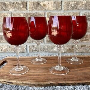 RUBY RED RIBBED BALLOON WINE GLASSES ~ EUC
